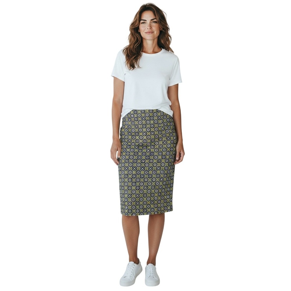 J CREW Pencil Skirt Women 16 Yellow Blue Geometric Cotton Career Preppy Office